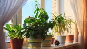 houseplants on a sunny windowsill